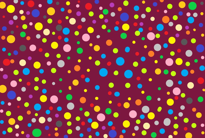 Non-overlapping yellow, pink, green, blue and orange dots on a dark purplish red background. 