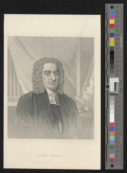 Black and white image of Jonathan Swift, a white man with a curly white wig, on sepia toned paper.