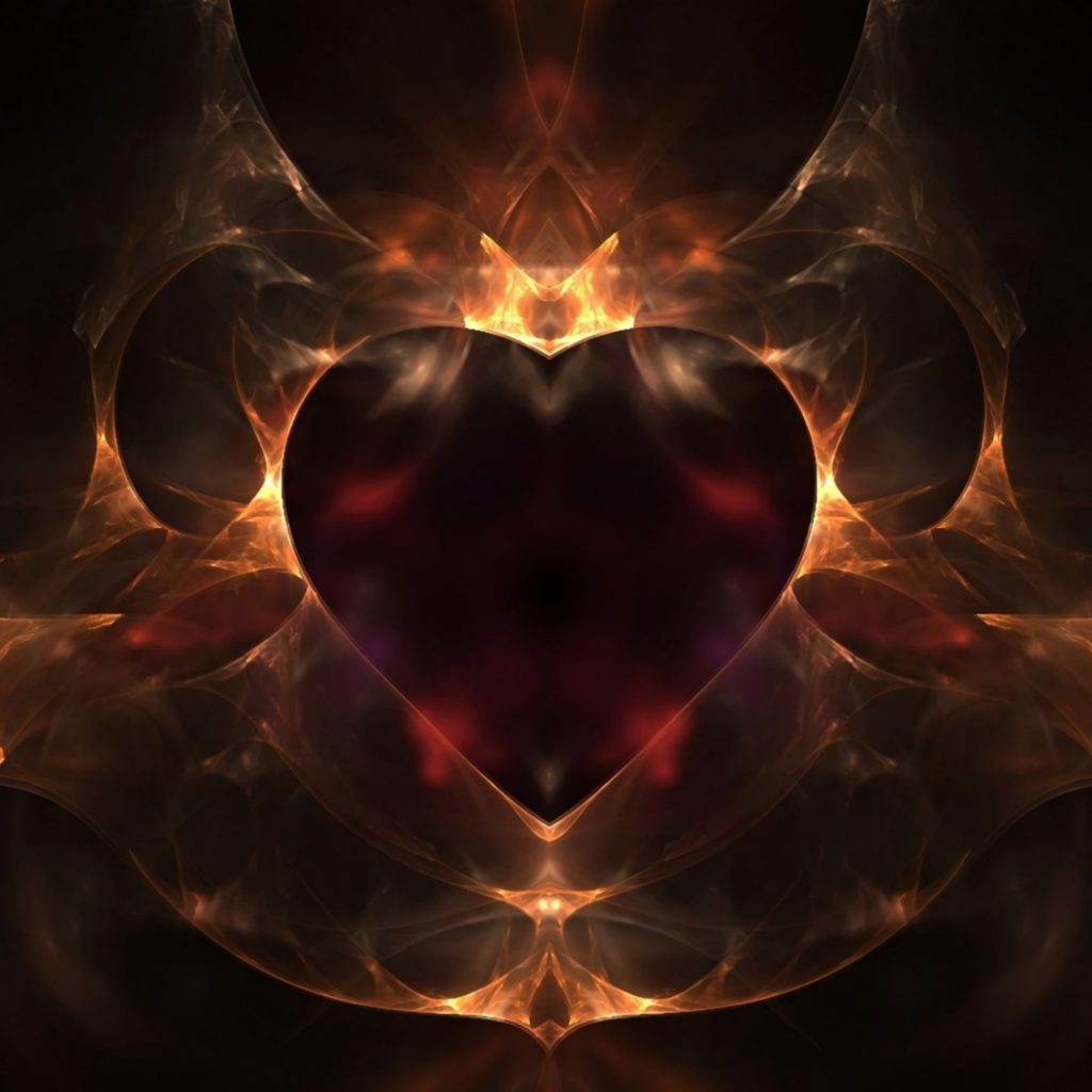 Image of a heart surrounded by other shapes. It's red-orange surrounded by yellow fire, glowing as if it's in a forge. 