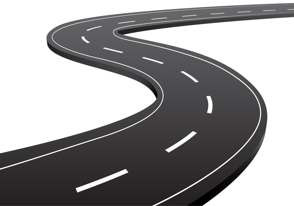 Black clip art of a winding S-curve of a road with a dotted white line in the middle. 