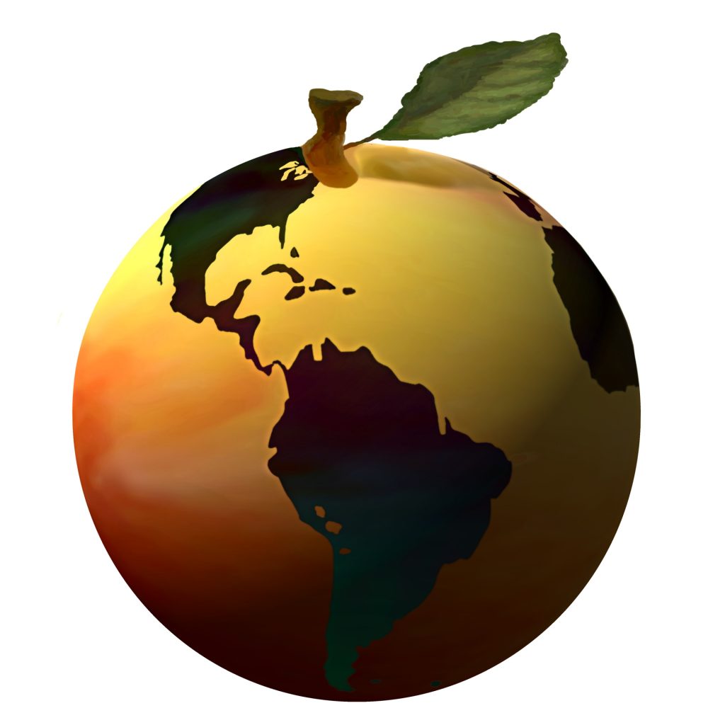 Map of the world's continents on a golden apple with a stem and leaf. 