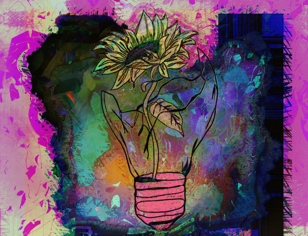 Line drawing with funky paint where a sunflower grows inside a lightbulb. Flower is green and yellow and the background is pink, purple, tan, and blue, like drops of paint. 