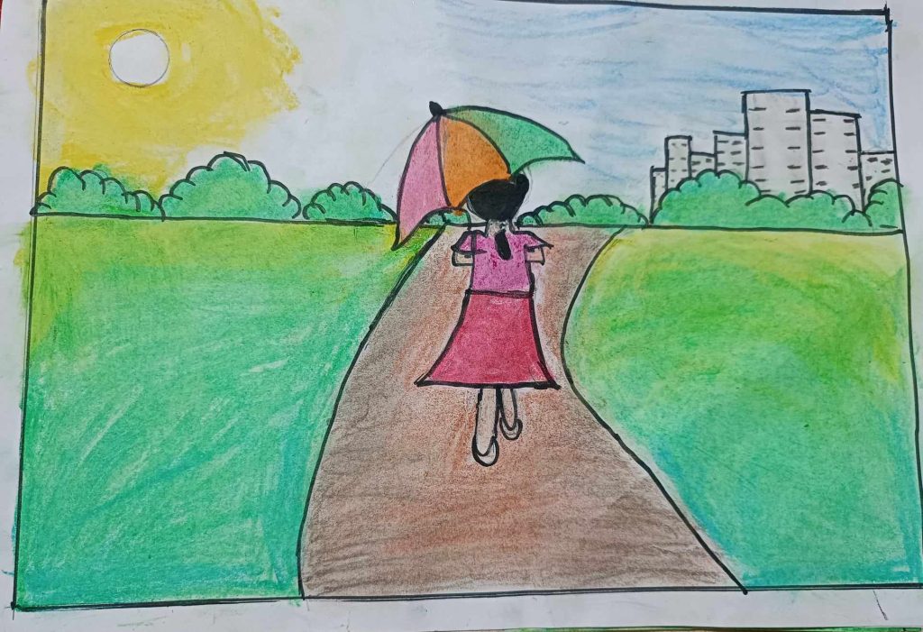 Child's drawing of a young girl in a pink dress walking down a path through a green lawn on a sunny day towards a city.