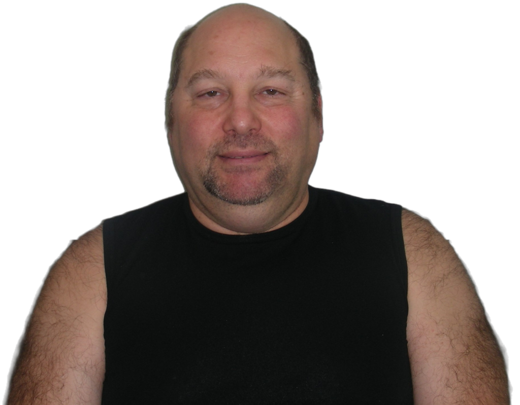 Middle aged white man with a bald head and a black tank top.