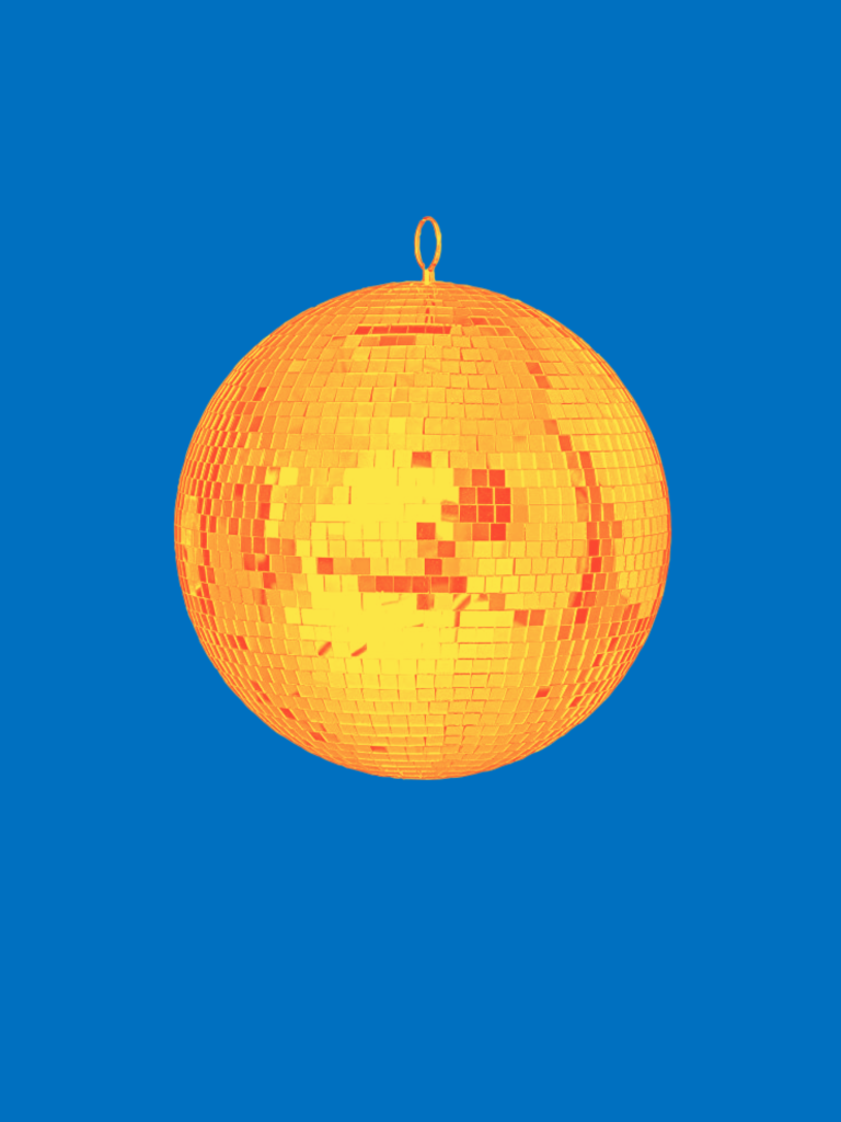 Large orange disco ball with a deep blue background