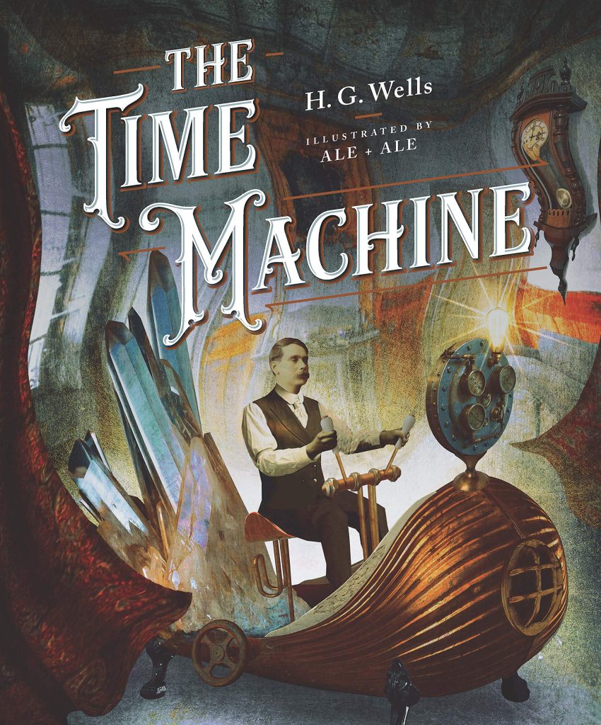 Old white man in a vest and long sleeved shirt working a machine with gears in a room with a grandfather clock and a painting and windows. The room is bending.