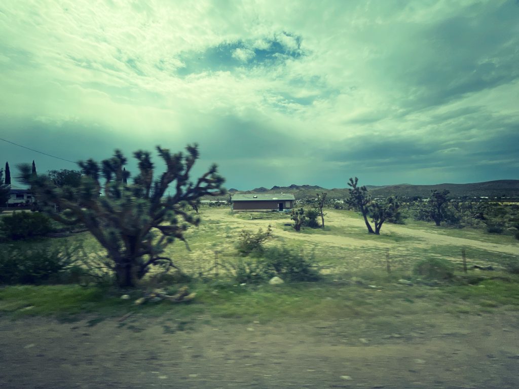 Desert landscape with dry dirt and grass, a few small trees, open space, dust and a building in the distance. Clouds and blue sky overhead.