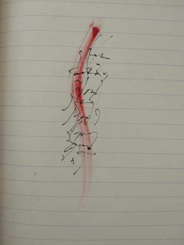 Red swath on the lined paper but with more scribbles. 