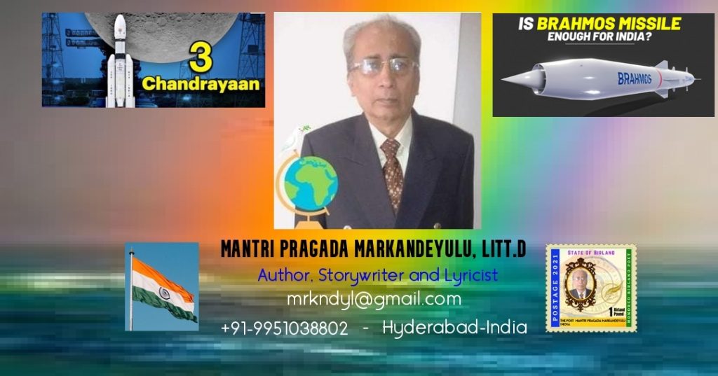 Older South Asian man with a suit and tie and reading glasses. Image has a rainbow and ocean background and text below reads Mantri Pragada Markandeleyu, Litt. D., Author, Storyteller, and Lyricist. mrkndyl@gmail.com