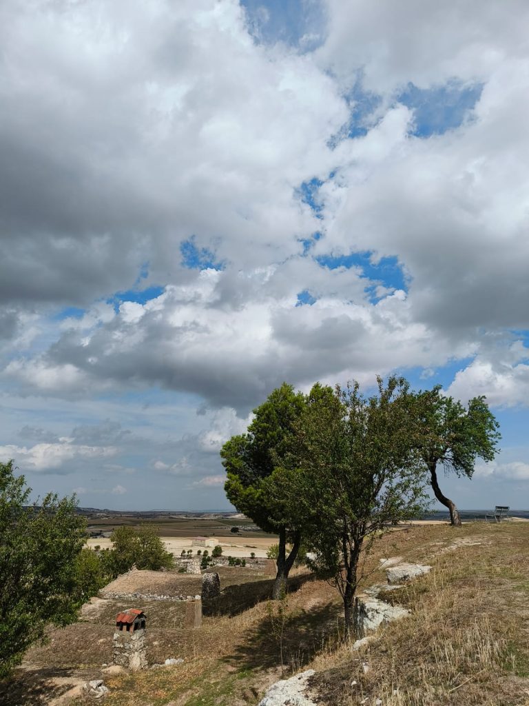 Dark clouds and blue sky over a tree on a dry grassy landscape and some stone historical ruins. 