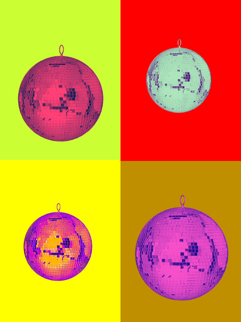 Four quadrants, each displaying one of the disco ball photos on its background.