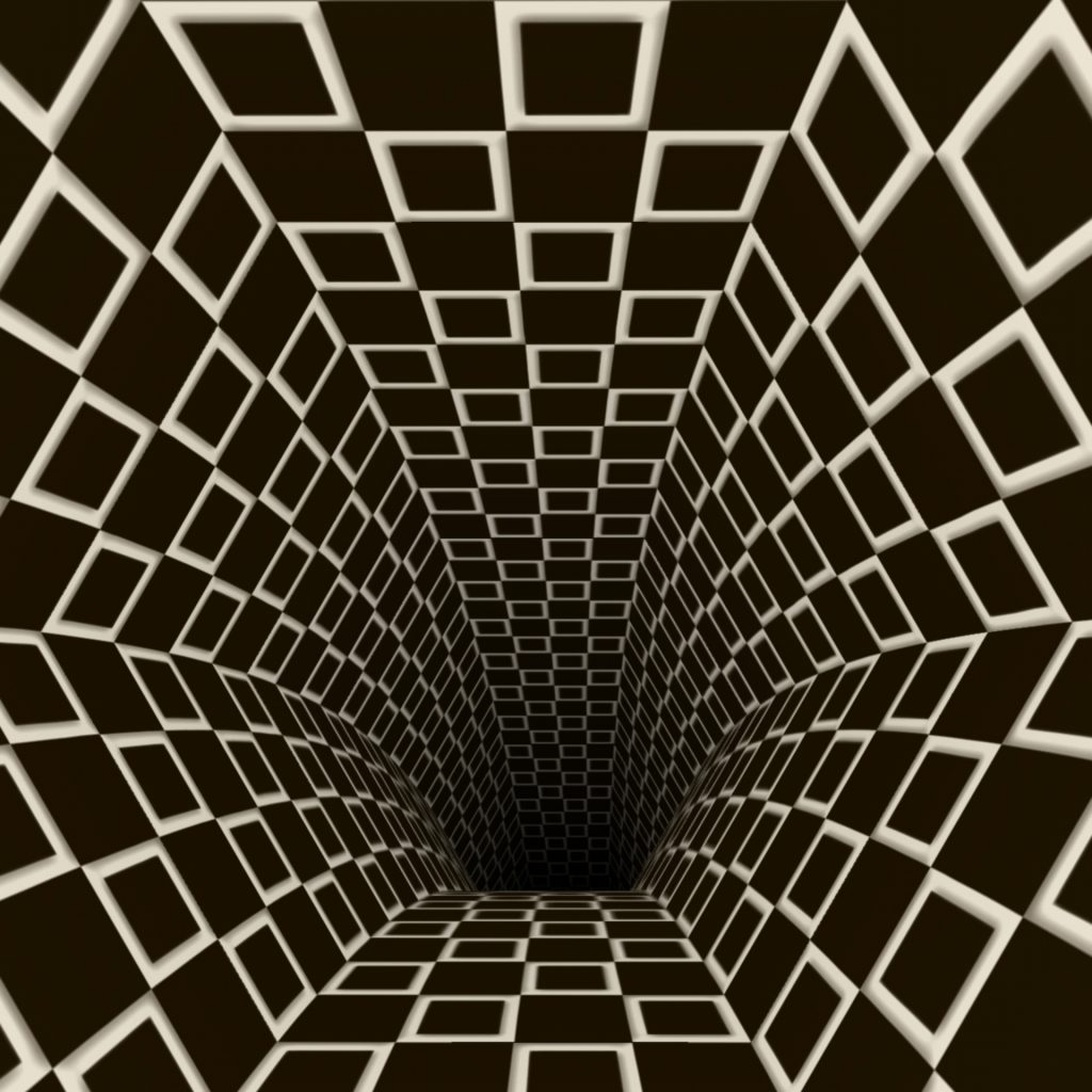 Hexagonal tunnel descending down to a black hole. Wallpaper lined with squares. Abstract images. 
