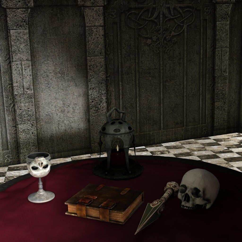 Still life with skulls and a skull shaped goblet and a book and sword on a table in a medieval style room.