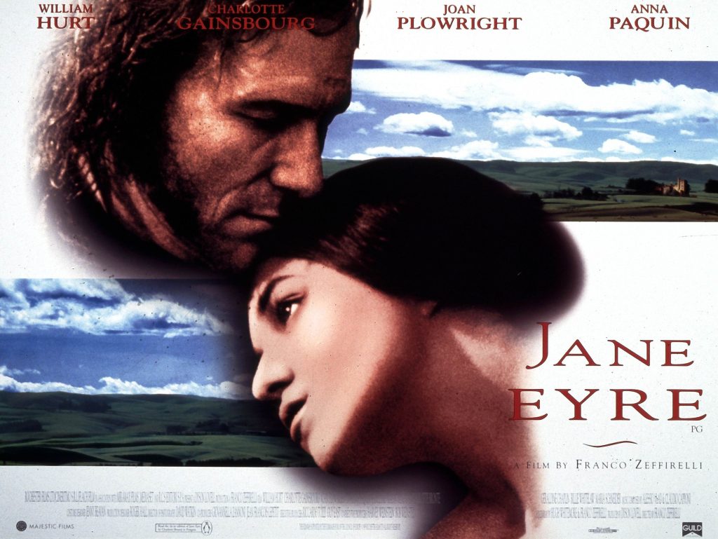 Jane Eyre movie poster (Franco Zeffirelli version with Joan Plowright and Anna Paquin and William Hurt) Shows a man and a woman embracing and wide open spaces with grass and clouds behind them. 
