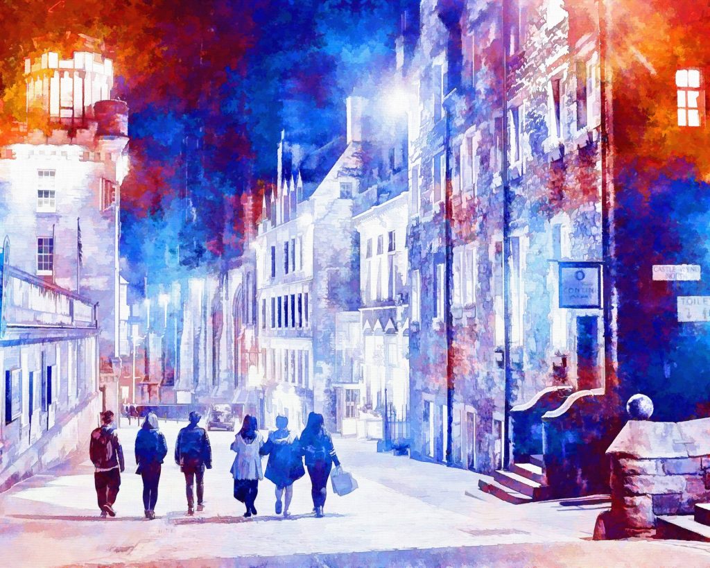 Surreal nighttime watercolor-ish image of a city, white, red, and blue from streetlights and shadows. Buildings are several stories tall and close together, six people walk off into the distance. 