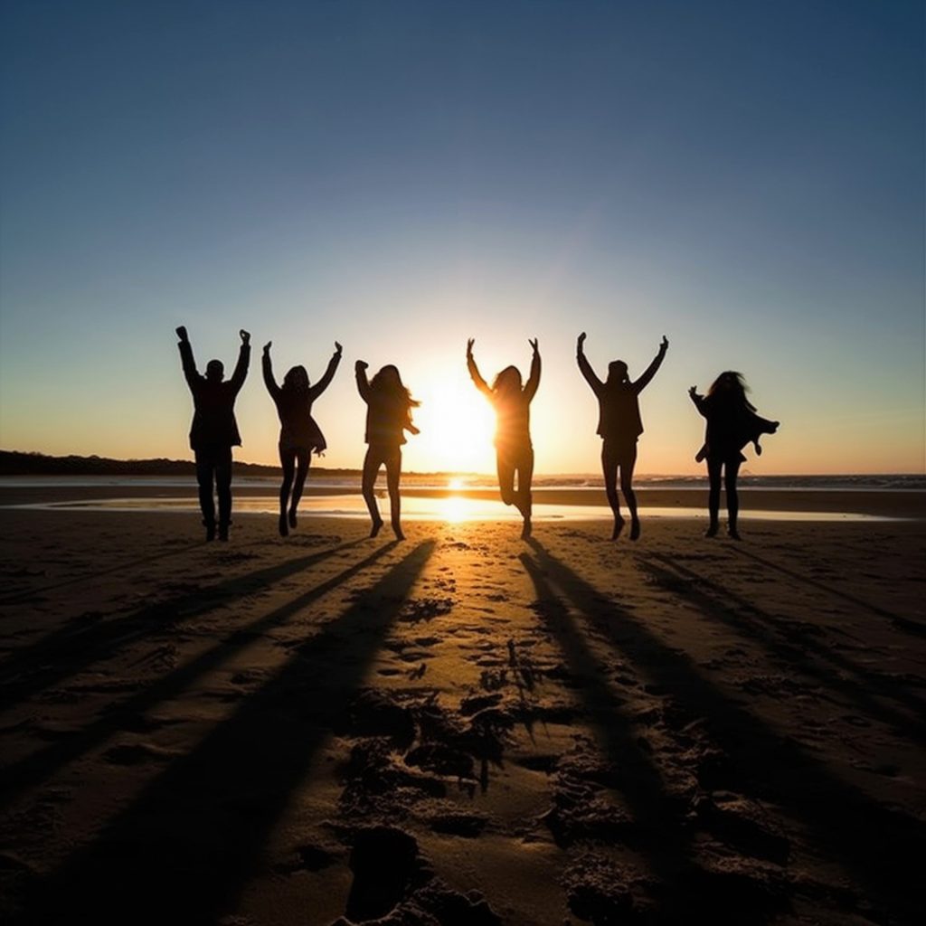 Silhouettes of six people of varying heights walking off towards a sunrise or sunset on a sandy beach. Sun is slightly shielded by a middle person. 