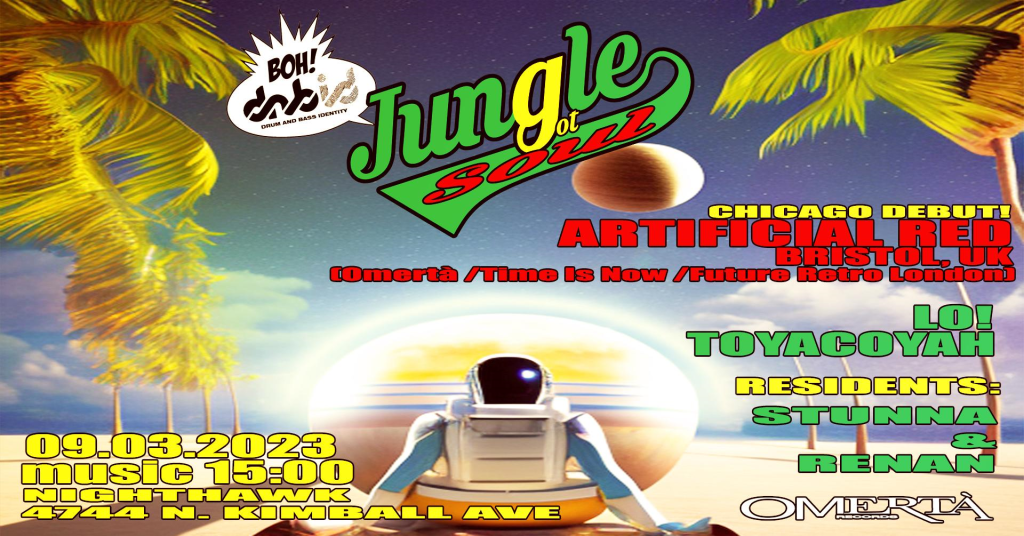 Flyer for the Jungle of Soul concert in September. A robot is in the foreground and palm trees are in the background.