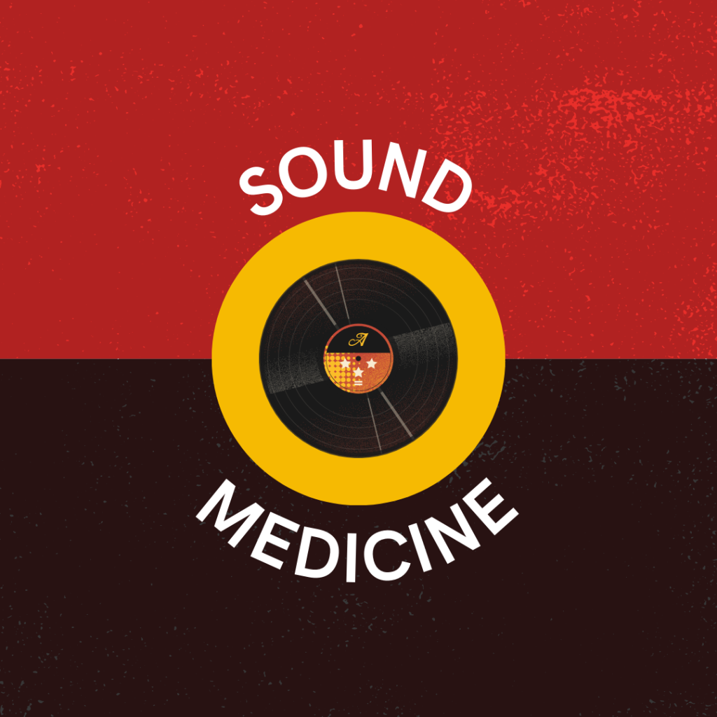 Red and black sign with a yellow and black and gold vinyl record in the middle. White test around the record reads Sound Medicine. 