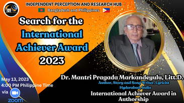 Dr. Mantri Pragada Markandeleyu's business card. Older South Asian man's face in a gold circle. He's got reading glasses and is in a suit. Text on an orange and black background shows that he's earning the International Achiever Award in Authorship. 