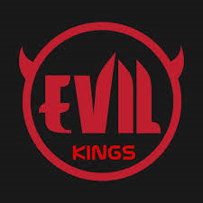 Evil Kings in red text with big scary serif flourishes in a red circle on a black background. Circle has devil horns. 