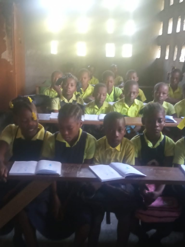 More young Black girls and boys sit at desks and read in a classroom.