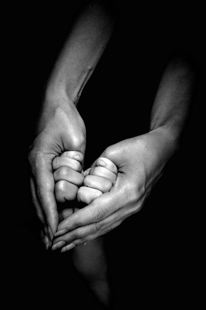 Adult's hands taking a baby's hands. Black and white photo. 