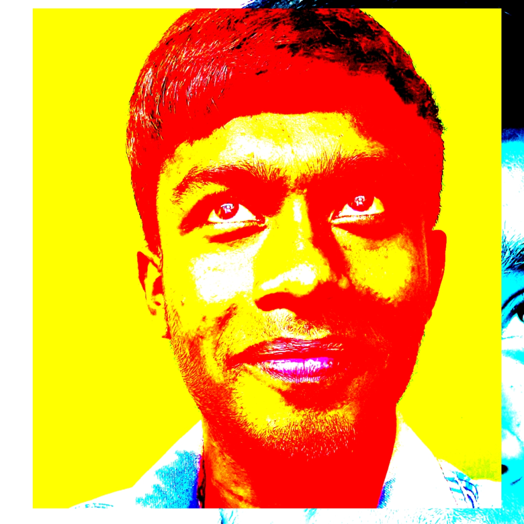 Red and yellow image of a young South Asian man with short brown hair. His shirt is blue-tinged. 