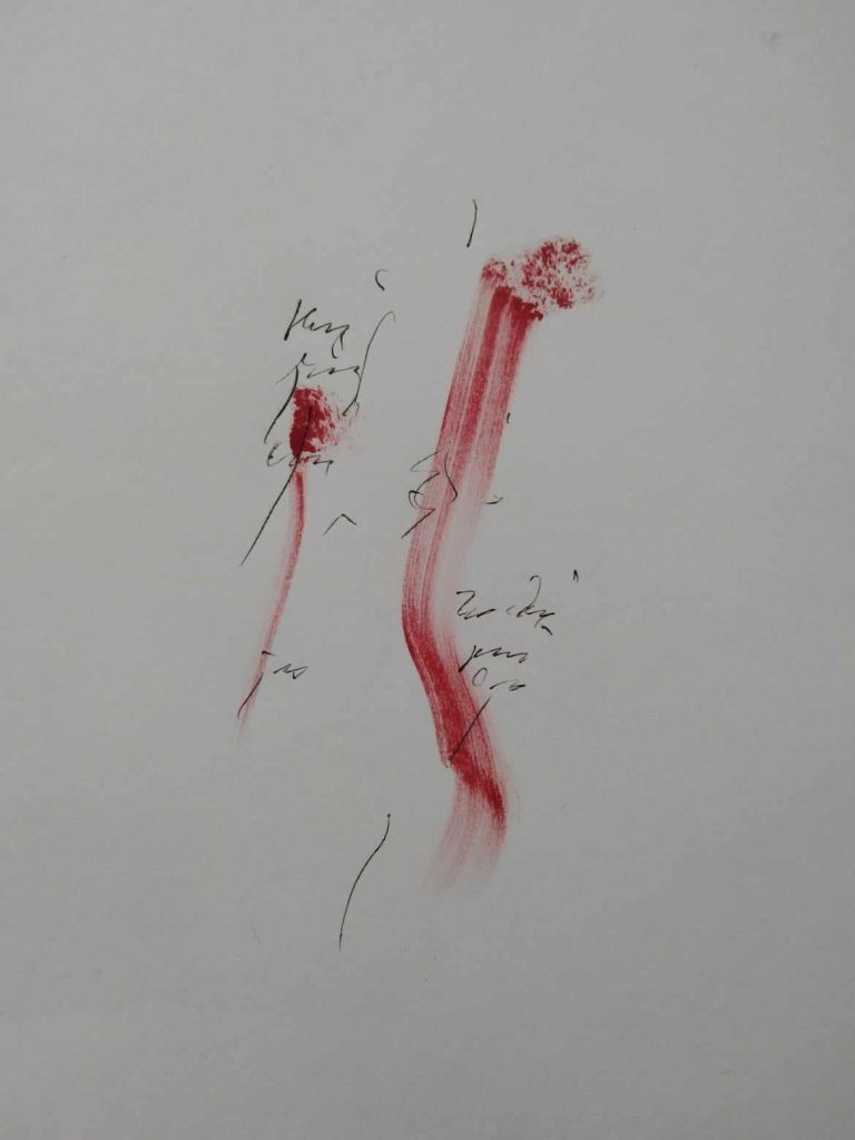 Red paint scrawled on white paper with writing in black script. 