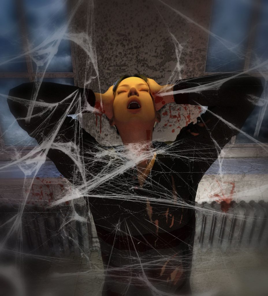 Light skinned woman in a black jacket holding her head in her hands and yelling. She's in front of spiderwebs and a large rusting metal pillar at twilight. 