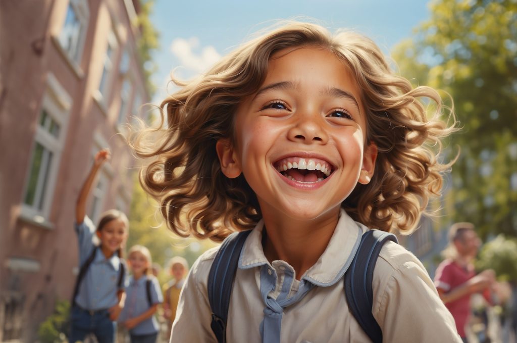 Young girl with short curly hair, a white collared shirt, and blue suspenders standing in front of other children of different genders and ages and a brick building. She's outside with trees on a sunny day. 