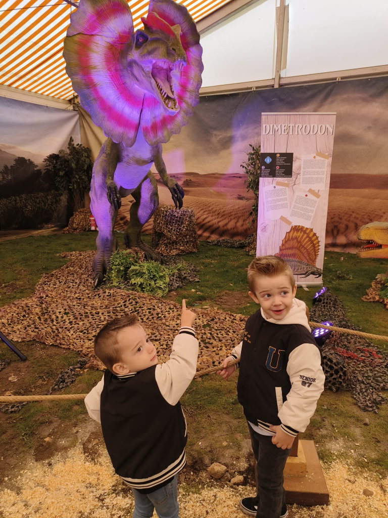 Large model of a dinosaur with a fan around his head and open jaw, perched as if he's running. There's fake grass and a natural scene behind him or her and a sign that says DIMETRODON. Two young small white boys with sweaters and jeans and tennis shoes look and point at the dinosaur. 