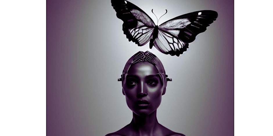Woman staring straight ahead with a large butterfly on top of her head with open wings. 