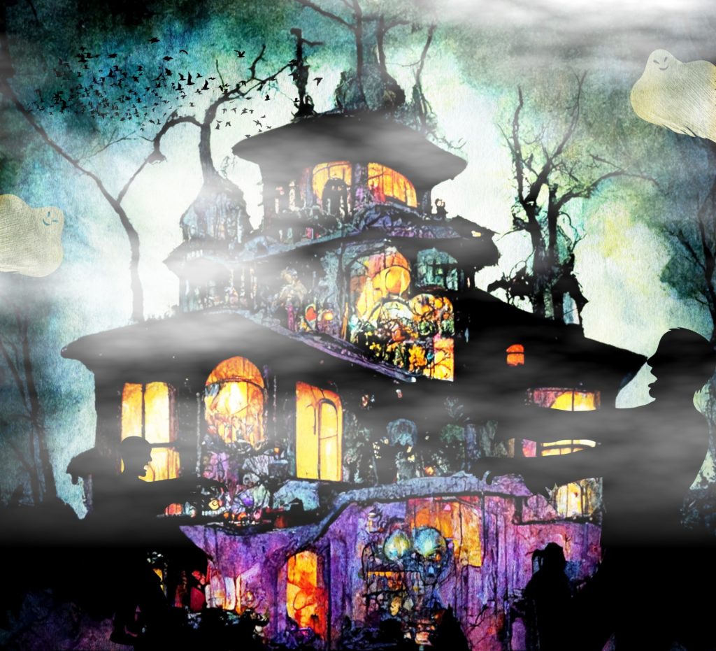 Stylized image of a four story mansion at twilight with lights on, leafless winter trees, and pumpkins and zombies dancing in front of the house. Ghosts are in the background. 