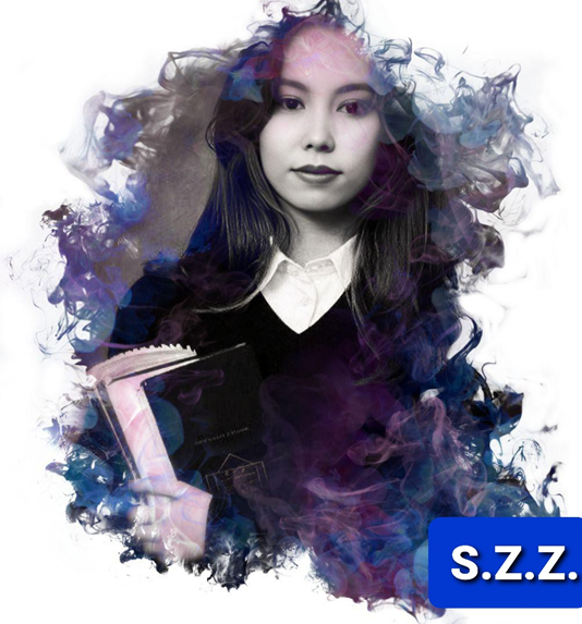 Young Central Asian teen girl with long dark hair, brown eyes, a white collared shirt and black sweater, with smoky dark styling surrounding the image. She's holding a book and the initials S.Z.Z. are in the lower right corner in white text on a blue tab.
