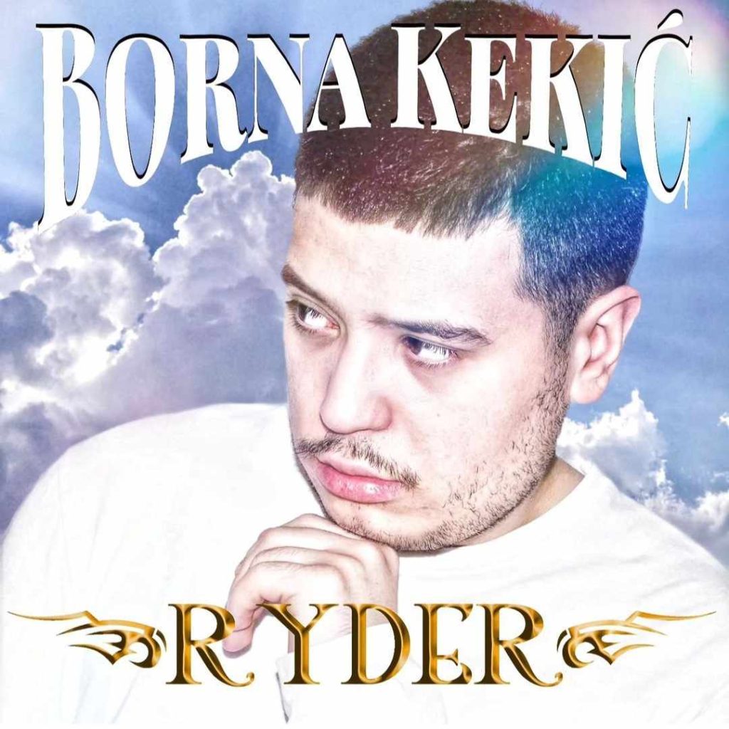 Young light skinned adult male with short dark hair looking off to the left side in a white collared shirt with his hands folded in front of his chest. He's got clouds and blue sky behind him and text reads "Borna Kekic Ryder." 