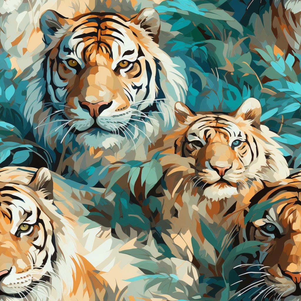 Wallpaper image of tigers with black, orange, and tan swaths of color against a green grass background. 