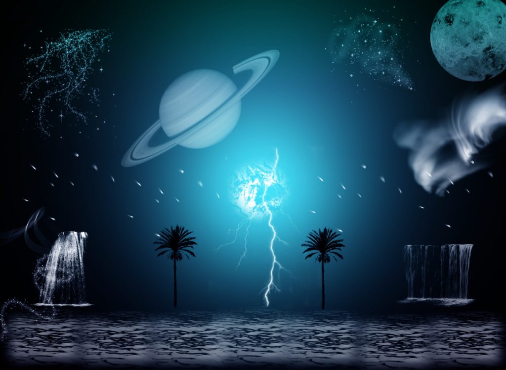 Image of Saturn with rings on a neon green and black background with lightning, the moon and palm trees and waterfalls