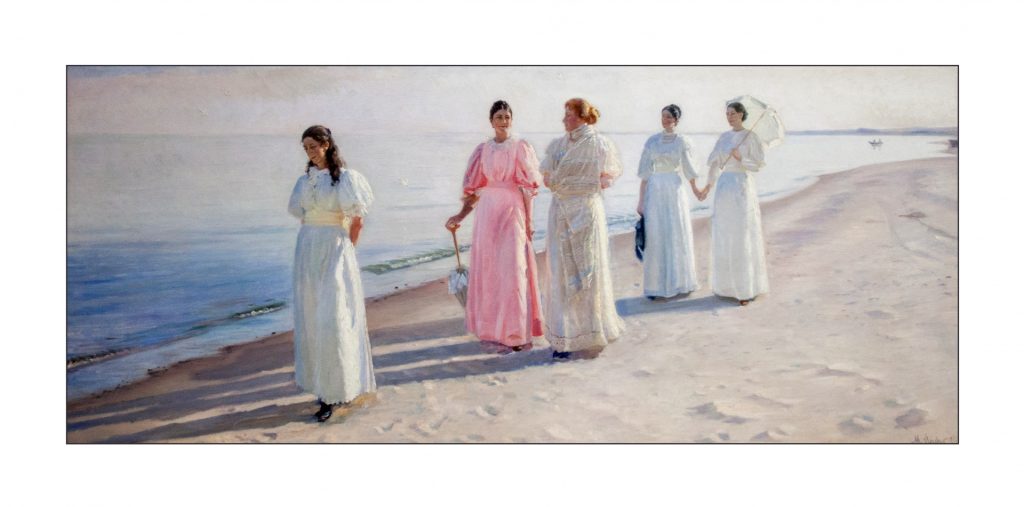 Soft styled vintage painting of women in long dresses at the water's edge on the beach. Most dresses are white or cream but one woman is in pink. They carry parasols and leave footprints in the soft sand. 