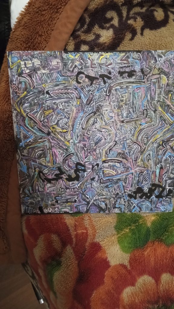 Abstract painting with lines and squiggles and pink, blue, and yellow shapes. 