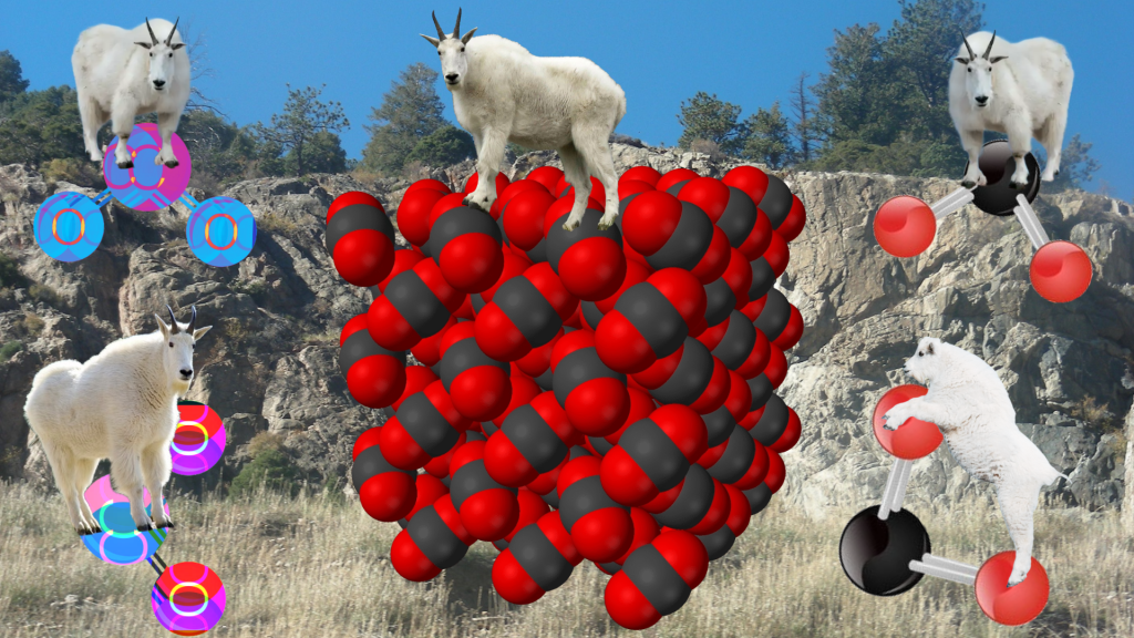 Large rock outcropping in a grassy field inhabited by white mountain goats all around the edge of the image. Goats are resting on red and black and blue and purple ball and stick models of atoms. Trees in the distance. 