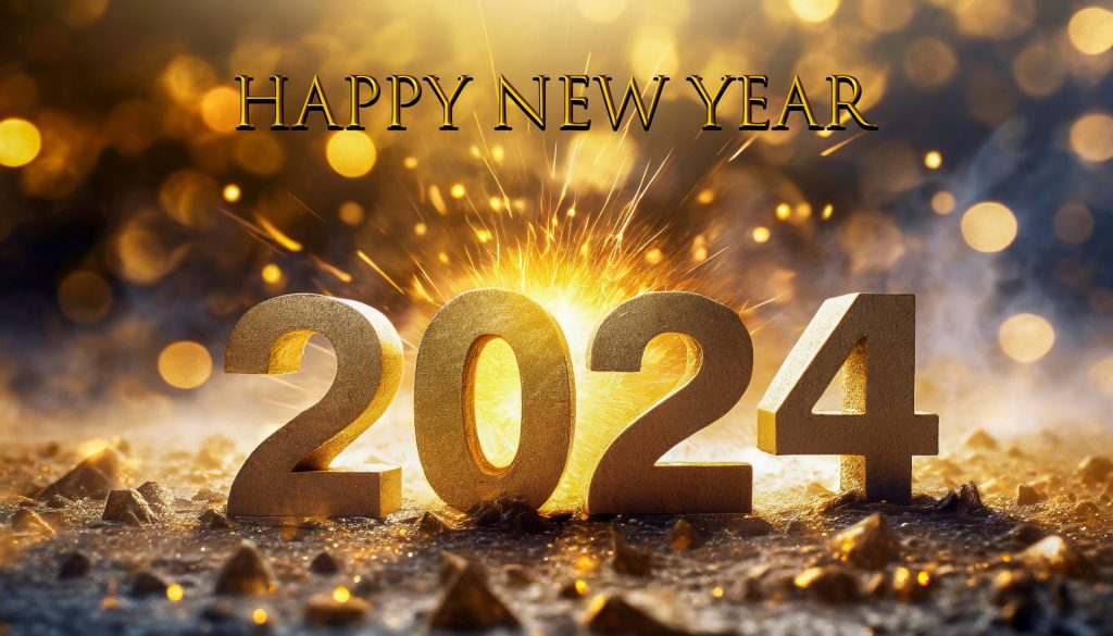 3D gold letters saying Happy New Year 2024 on bumpy ground with a yellow firework exploding in the background.