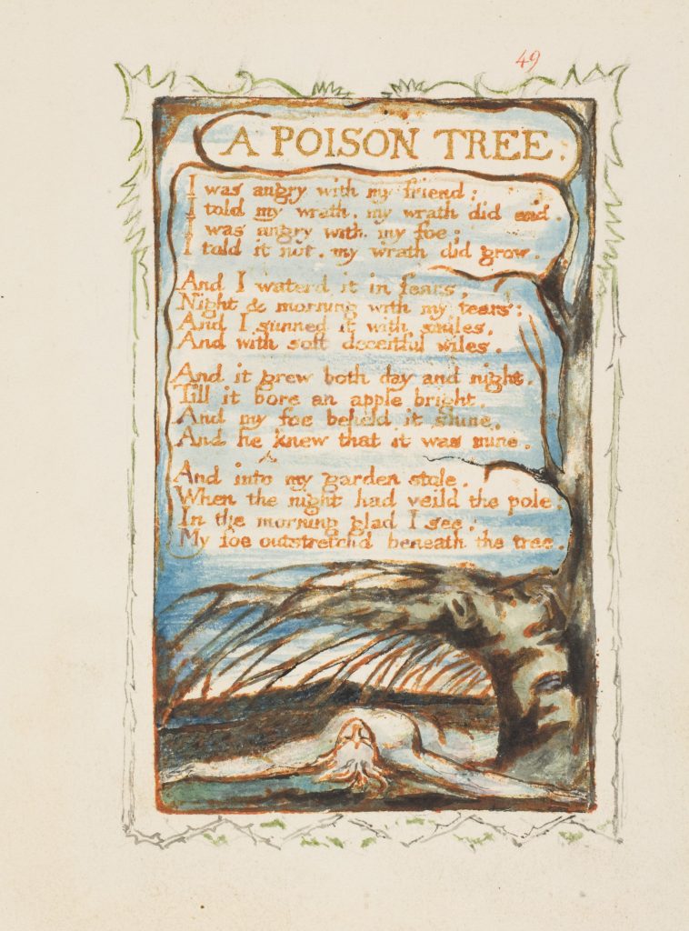 Text of William Blake's A Poison Tree in orange print against a blue sky background with an empty tree on the right. 
