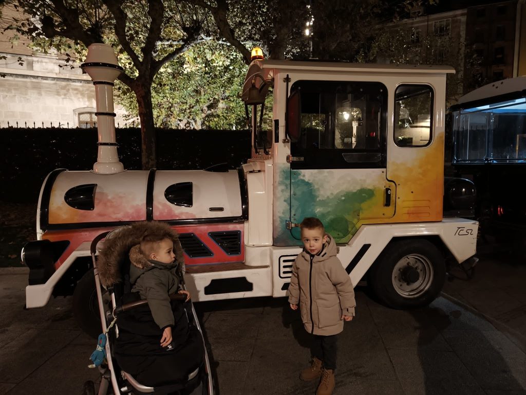 Two young light skinned boys, one in a stroller and the other standing, in front of a toy exhibit train in a park at night. 