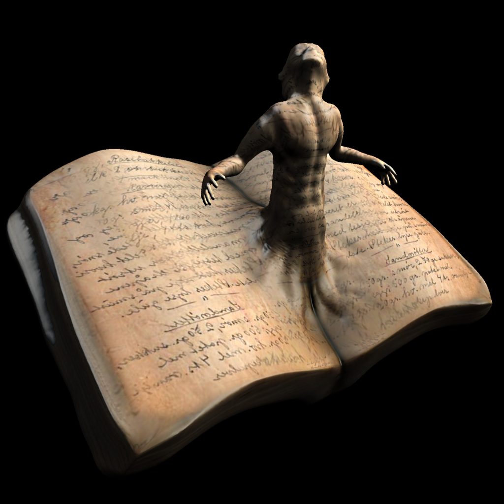 Wooden or clay figure with a head and hands growing up out of a book with old script writing. 