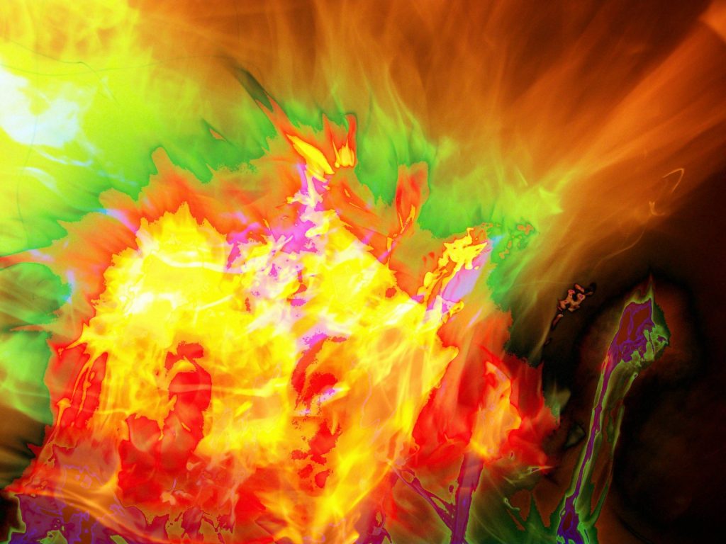 Images of orange, yellow, green, red, and purple flames on a black background. Some look real and others look computer generated. 