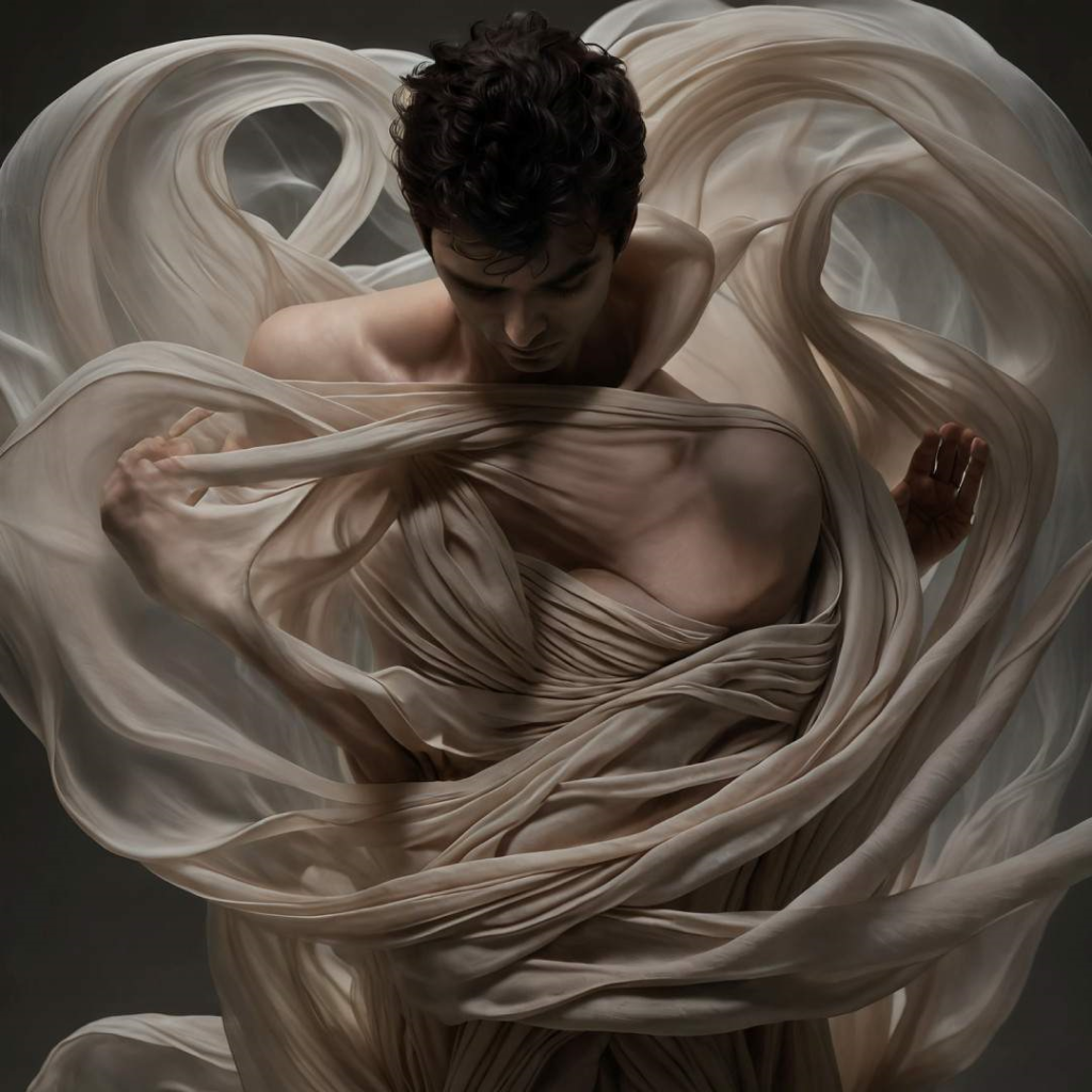 Light skinned nude-looking dancer with curly dark hair stands with head bowed and covered with light swirls of gauzy cloth. 