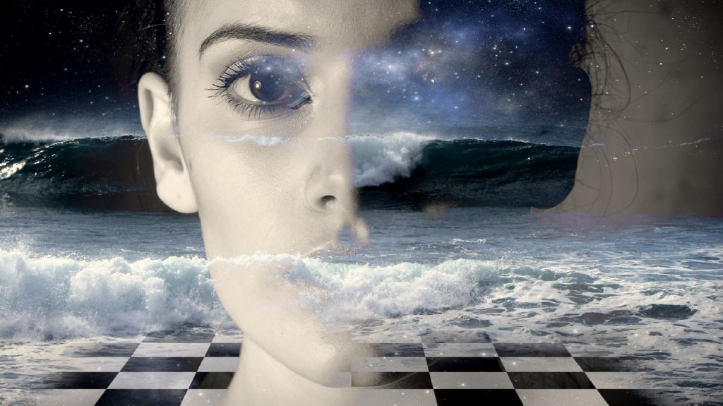 Light skinned woman staring out face forward with the ocean and the night sky with stars and a chessboard behind her. 