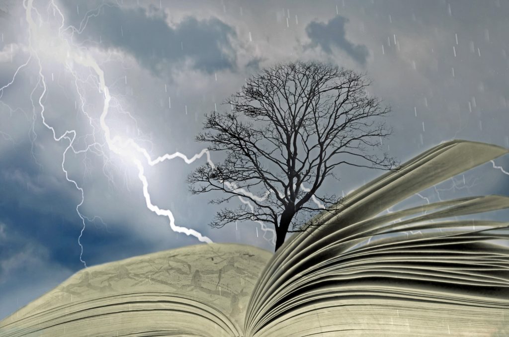 Lightning striking in the background with a cloudy sky, rain, and a barren tree. Book open in the foreground. 
