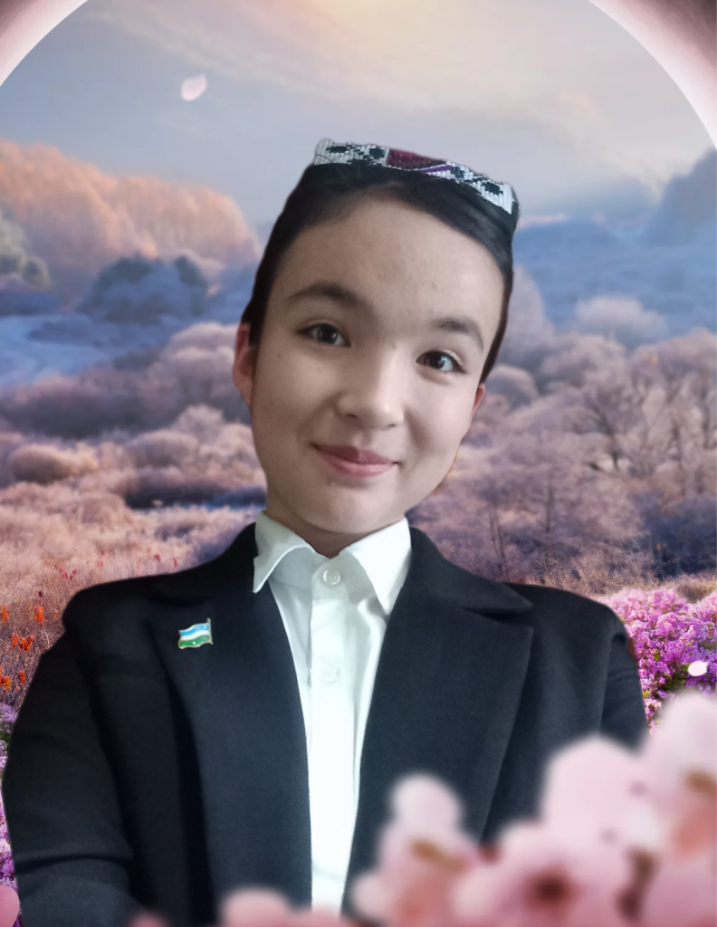 Young Central Asian teen girl with brown eyes and dark hair in a bun with a scarf. She's in a white collared shirt with a black coat in front of a fake background with lots of trees with pink and purple blossoms. 