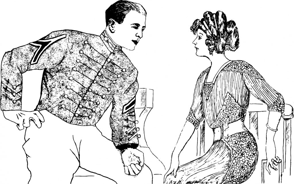 Vintage black and white drawing of a man in an old 1800s buttoned down army outfit sitting to talk with a lady in a long dress. 
